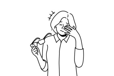 Unhealthy woman take off glasses suffer from migraine. Unwell female struggle with dizziness or blurry vision. Sight problem and healthcare. Vector illustration. 