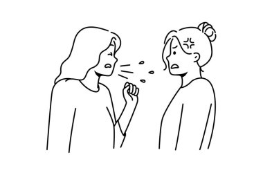 Unhealthy woman cough share disease to friend or colleague. Sick unwell female suffer from covid or cold infect girl standing near. Contagious sickness. Vector illustration. 