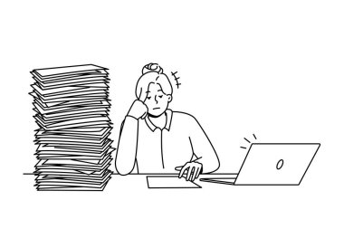 Tired unmotivated businesswoman sit at desk with pile of paperwork. Exhausted female employee overwhelmed with paper documents. Job burnout. Vector illustration. 