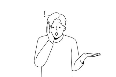 Stunned young man feel shocked by unbelievable news. Amazed male surprised by unexpected information or data. Vector illustration. 