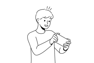 Happy boy child playing online game on cellphone. Smiling small kid have fun engaged in video games on smartphone. Modern web app. Vector illustration. 