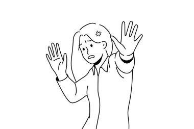 Scared young woman make stop hand gesture feeling danger or confusion. Unhappy female feel panic attack terrified frightened by something. Vector illustration. 