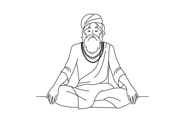 Old man in traditional clothes sitting in lotus position meditating. Elderly male yogi practice yoga. Culture and tradition. Vector illustration. 