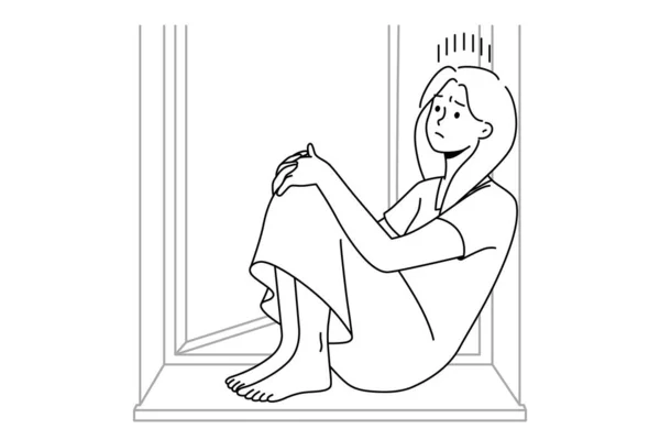 Unhappy Woman Sit Windowsill Suffer Loneliness Solitude Upset Sad Girl — Stok Vektör
