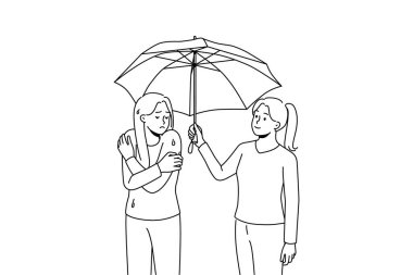 Happy caring woman help unhappy wet friend share umbrella. Smiling attentive female show support to upset girl on rain on street. Vector illustration. 