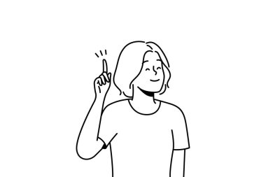 Smiling woman hold finger up generate creative idea or though. Happy female find answer or solve problem. Solution concept. Vector illustration. 