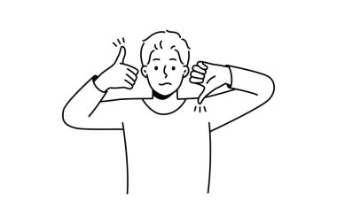 Frustrated man show like and dislike hand gestures demonstrate client feedback for service. Confused male feeling down and uplifted. Approval and disapproval. Vector illustration. 