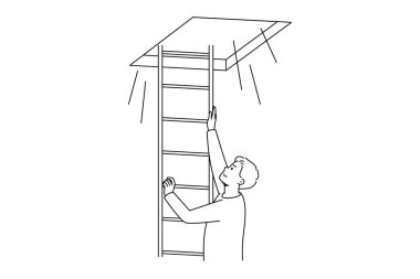 Man climbing up ladder to light. Smiling motivated male go up open new opportunities or perspectives. Bright future ahead. Vector illustration. 