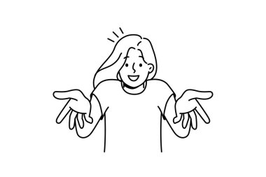Smiling young woman talking with camera. Happy millennial girl feel joyful and uplifted making hands gestures. Vector illustration. 