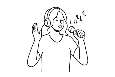 Happy woman in headphones and microphones singing. Smiling girl have fun enjoy karaoke entertainment with mic and earphones. Hobby and music. Vector illustration. 