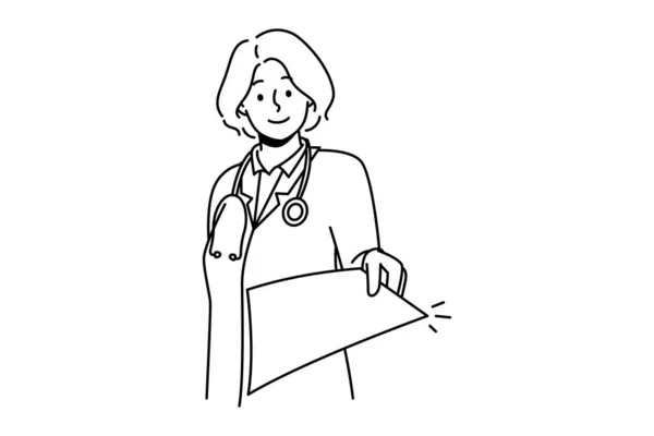 Smiling Female Doctor Medical Uniform Give Paperwork Hospital Happy Woman — Stockvector