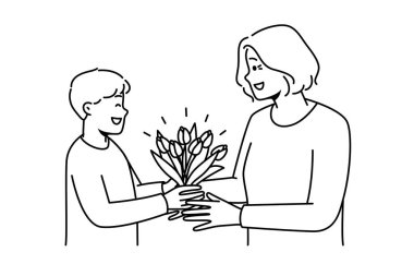 Smiling boy child present flowers to mature grandmother. Happy kid give floral bouquet to elderly granny on special occasion. Vector illustration. 
