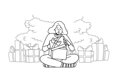 Happy child sitting near fir-tree open presents on Christmas Eve. Smiling kid feel joyful unpacking gift boxes for New Year. Winter holidays. Vector illustration. 