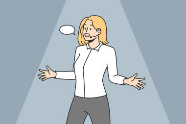 Stand-up komedyen kadın. Kız komik ilginç bir hikaye anlatıyor, sahnede bir şeyler gösteriyor. Seyircilerin önünde gösteri yapan bir bayan. Konuşma balonu. Sözcü, aktör. Vektör doğrusal renkli resimleme.