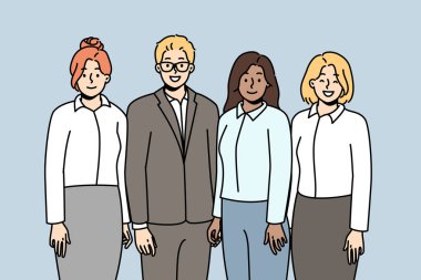 Ofis çalışanları, çalışanlar ayağa kalksın, gülümsesin. İş ekibi şirkette başarılı bir iş çıkardı. İş kadınları, iş adamları birlikte poz veriyor. Şirket kültürü, toplantı. Vektör çizgisi renkli illüstrasyon.