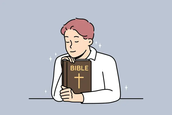 Homem Detém Bíblia Ora Deus Sente Graça Tipo Guarda Livro —  Vetores de Stock
