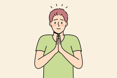 Elleri dua ederken gülümseyen genç adam af dile. Erkek elele tutuşur ya şükreder ya da şükreder. Minnet konsepti. Vektör illüstrasyonu. 