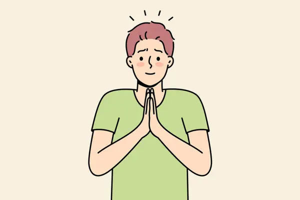 Smiling Young Man Hands Prayer Ask Forgiveness Male Join Hands — Stock Vector