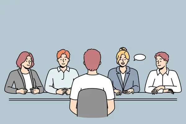 Man Praat Met Rekruteringsteam Bij Sollicitatiegesprek Kandidaat Voor Een Mannelijke — Stockvector