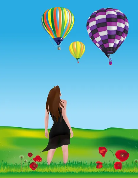 Girl Watching Hot-air Balloons — Stock Vector