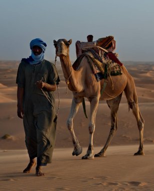 Shingetti. Moritanya 'da. Ekim 05, 2021. Ulusal elbiseli yalnız bir Mağripli Sahra Çölü 'nün kumlu kumullarında tek hörgüçlü bir deveye önderlik ediyor..