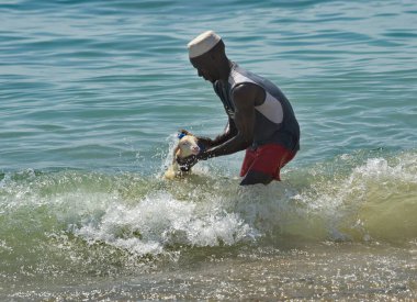 Dakar. Senegal. 12 Ekim 2021. Bir balıkçı köyünün koyu tenli sakini koyunlarını Atlantik Okyanusu 'nun Afrika kıyılarında deniz suyunda yıkıyor..