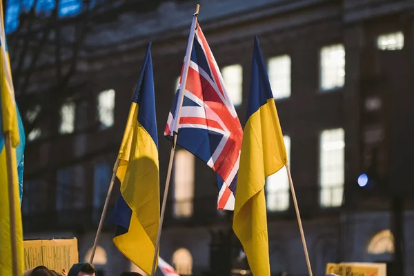 Hükümetin Londra 'daki 124; İngiltere - 2022.02.24: Sancakları ve bayrakları olan Ukraynalılar savaşı durdurmak ve Rus işgalini durdurmak için toplandılar
