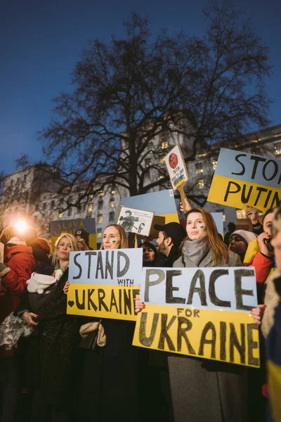 伦敦唐宁街 2022 举着旗帜和旗帜的乌克兰人聚集在一起 要求英国政府 欧盟和美国对俄罗斯实施更严厉的制裁 以制止乌克兰战争 — 图库照片