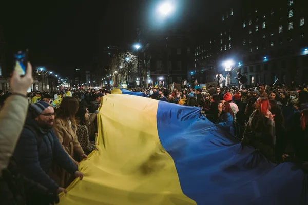 Downing Street Londýn 2022 Ukrajinci Prapory Vlajkami Shromažďují Aby Britské — Stock fotografie