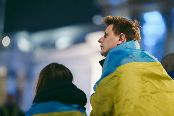 Trafalgar Square, London | UK -  2022.03.09: Ukrainian people protest, thousands gather to demand tougher sanctions on Russia from British Government, EU and USA to stop the war in Ukraine
