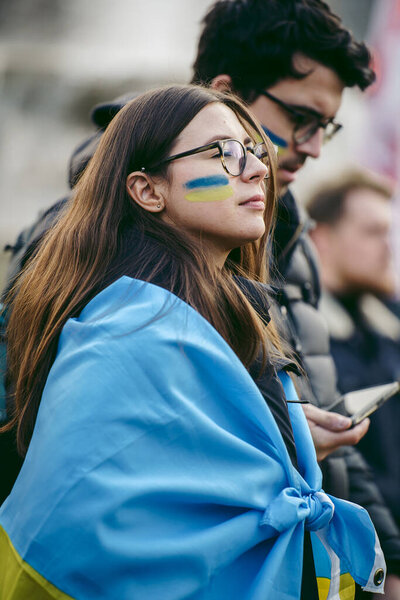 Trafalgar Square, London | UK -  2022.03.20: Ukrainian people protest, thousands gather to demand tougher sanctions on Russia from British Government, EU and USA to stop the war in Ukraine