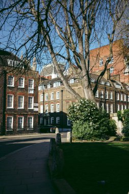 Londra-124; İngiltere - 2022.04.16: Thames nehri kıyısındaki Westminster bölgesinde güzel konut binaları