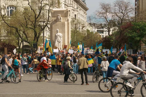 Budapeşte (124; Macaristan - 2022,03.08): Budapeşte 'de bayraklı insanlar Ukraynalıları desteklemek ve Rusya' nın başlattığı savaşı durdurmak için toplandılar