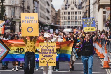 Londra / İngiltere - 02 / 07 / 2022: Londra LGBTQ Onur Yürüyüşünü kutlayan bayrakları ve sancakları olanlar