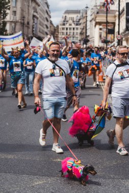 Londra / İngiltere - 02 / 07 / 2022: Londra LGBTQ Onur Yürüyüşünü kutlayan bayrakları ve sancakları olanlar