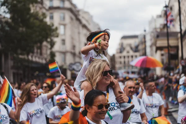London / UK - 02/07/2022: LGBTQ+ families with flags and banners celebrating London LGBTQ Pride Parade