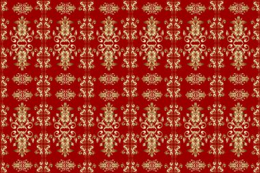 Süslü dekorasyon. Damask altın soyut çiçek deseni kahverengi, bej ve kırmızı renklerde. Raster illüstrasyonu.