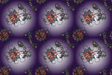 Mor, siyah ve nötr renklerde çiçeklerle kusursuz çiçek deseni. Çiçekler mor, siyah ve nötr renklerde suluboya tarzında.