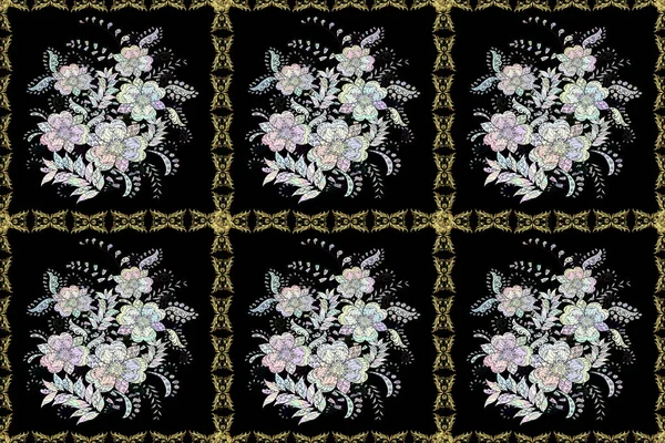 패턴의 배경이다 검은색 귀여운 꽃들이 래스터 무늬의 — 스톡 사진