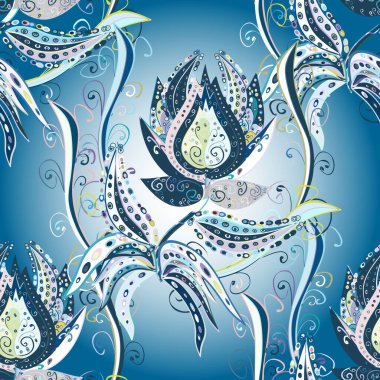 Yaprak ve çiçeklerin suluboya resimleri, nötr, mavi ve gri renklerde kusursuz desenler. Vektör çizimi. Tarafsız, mavi ve gri renklerde bahar çiçekleri.