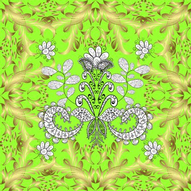 Altın elementli yeşil, sarı ve nötr renklerde klasik, pürüzsüz desen. Vektör illüstrasyonu.