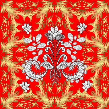 Çizim için altın süsleme. Doğu tarzında klasik tasarım öğesi. Çiçek süsüsüyle kusursuz desenli vektör. Geleneksel Arap dekoru kırmızı, sarı renkler. Süslü dantel iz sürücü.