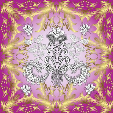 Vektör doğu süsü. Sarı, mor ve nötr renklerde, altın elementlerle ve beyaz karalamalarla kusursuz desen. Kusursuz Altın desen.