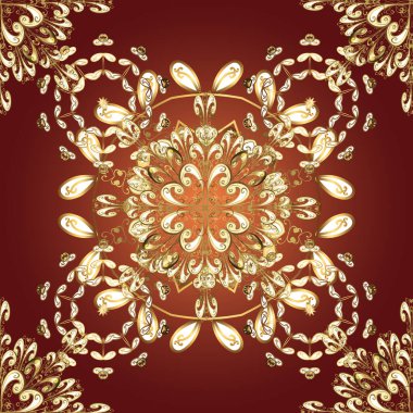 Barok tarzında eskiz tasarımı için kusursuz damaske deseni arka planı. Altın elementli bej, kırmızı ve kahverengi renklerde altın desen. Süsleme vektör dekorasyonu.