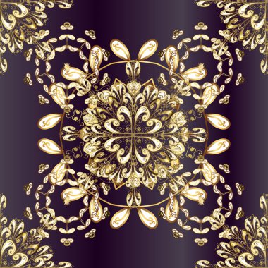 Mor, kahverengi ve menekşe renkleri üzerine geleneksel, klasik, altın, pürüzsüz desen. Barok tarzında kusursuz bir doğulu süsü..