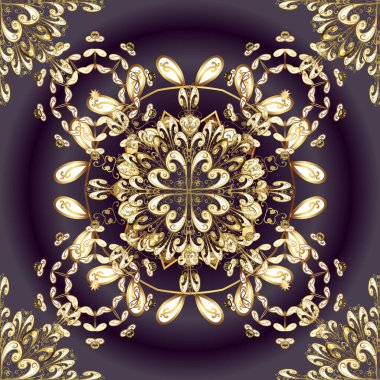 Kusursuz kraliyet lüksü, altın barok kumaş rengi. Altın antika ortaçağ dekoratifi, yaprakları ve altın desenli gri, mor ve kahverengi renkte süslemeleri olan vektörsüz desenler..