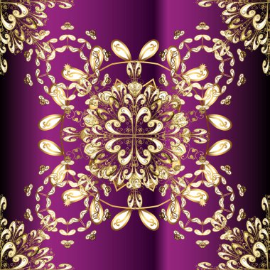 Parlak dantel, stilize çiçekler, şal desenli. Vektör. Doğu tarzı arabesk. Kusursuz altın. Mor, kahverengi ve bej renklerde altın elementlerle kusursuz desen. Zarif altın deseni aç