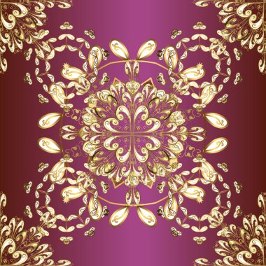 Kahverengi, bej ve mor renklerde altın elementlerle kusursuz klasik desen. Kahverengi, bej ve mor renklerde altın sarısı desenler. Noel, kar tanesi, yeni yıl.