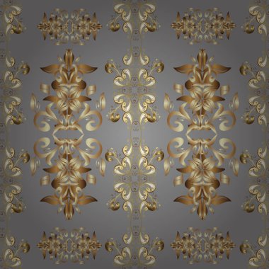 Doğum günü kartı, davetiye ya da afiş için iyidir. Dekoratif simetri arabesk. Vektör çizimi. Kusursuz ortaçağ çiçek deseni. Bej, kahverengi ve gri renklerde altın.