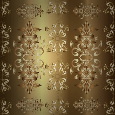 Tarafsız, bej ve kahverengi renklerde altın desenli altın elementler. Düz elle çizilmiş klasik koleksiyon. Arkaplan, kumaş, altın çizim. Vektör altın pürüzsüz desen.